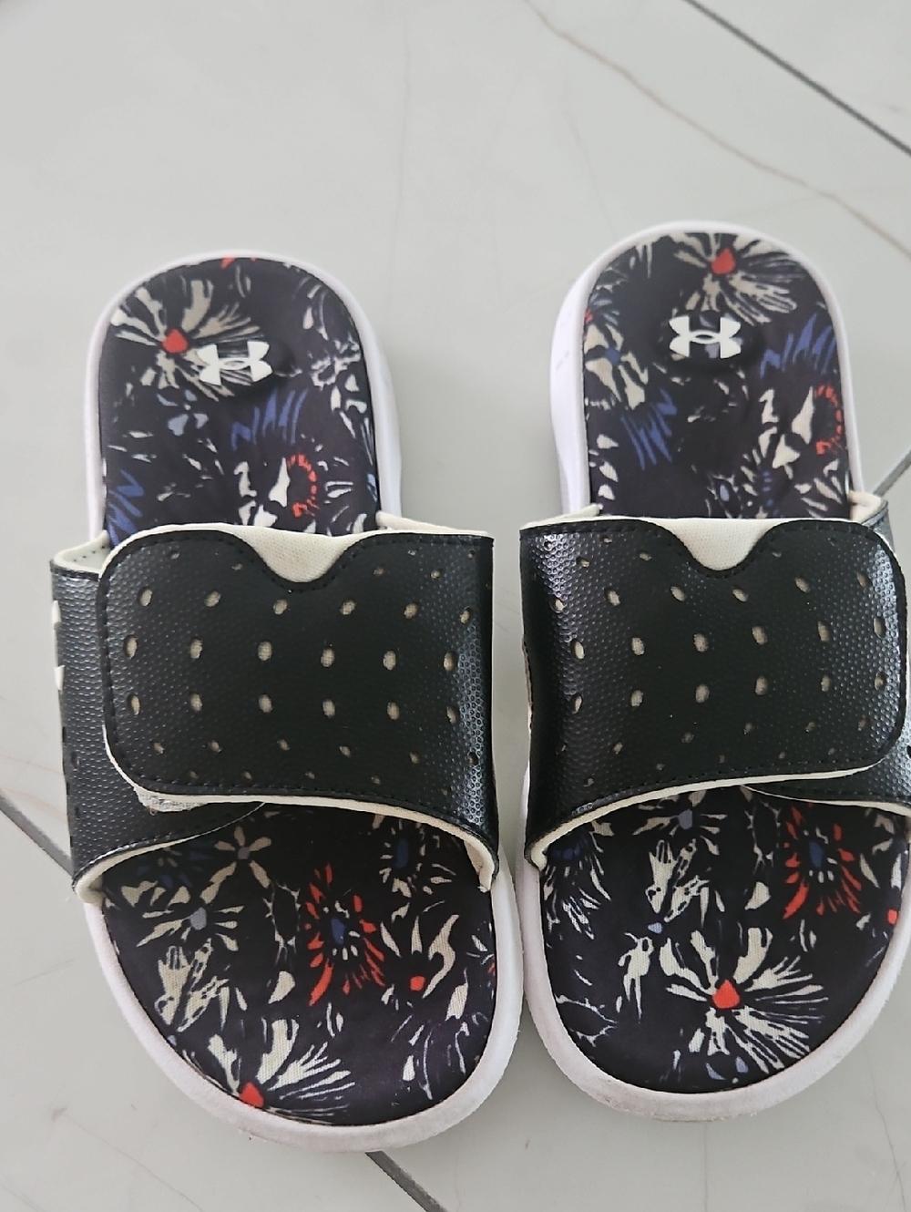 Under Armour Black Floral-Print Adjustable Slide Sandals for Kids
